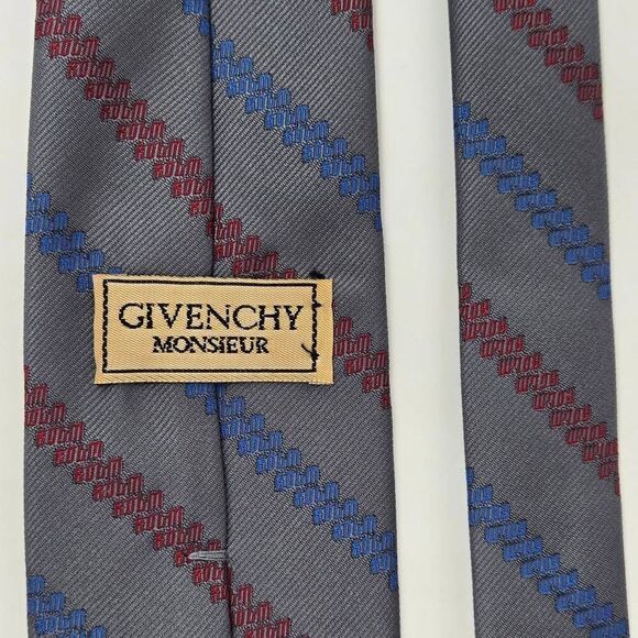 GIVENCHY MONSIEUR SILK TIE GRAY RED BLUE TEXTURED STRIPE 3" X 54" VINTAGE - Picture 3 of 3